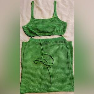 Chic Green Knit Midi Skirt Set